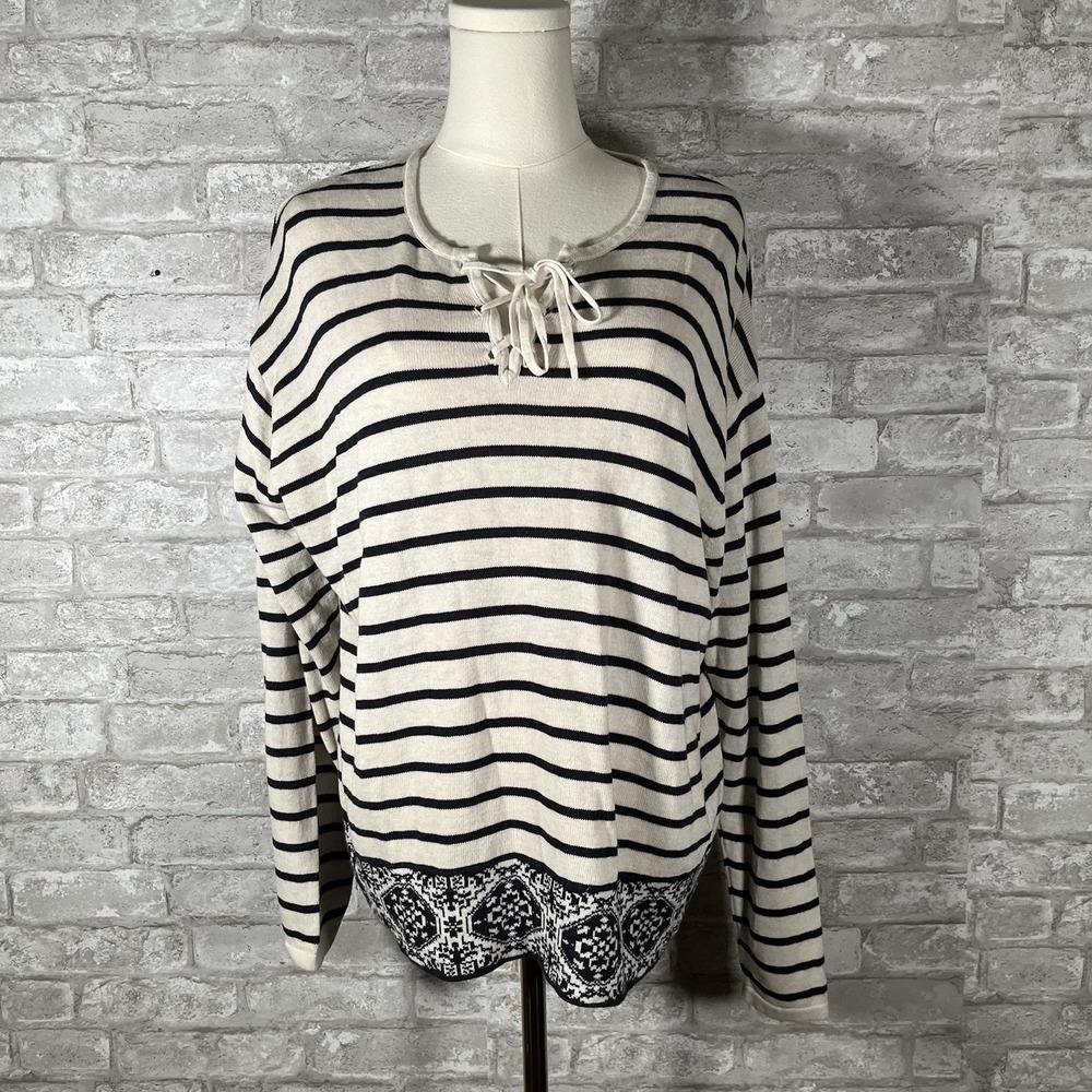 Jill striped long-sleeve sweater featuring a laced keyhole neckline Size Large